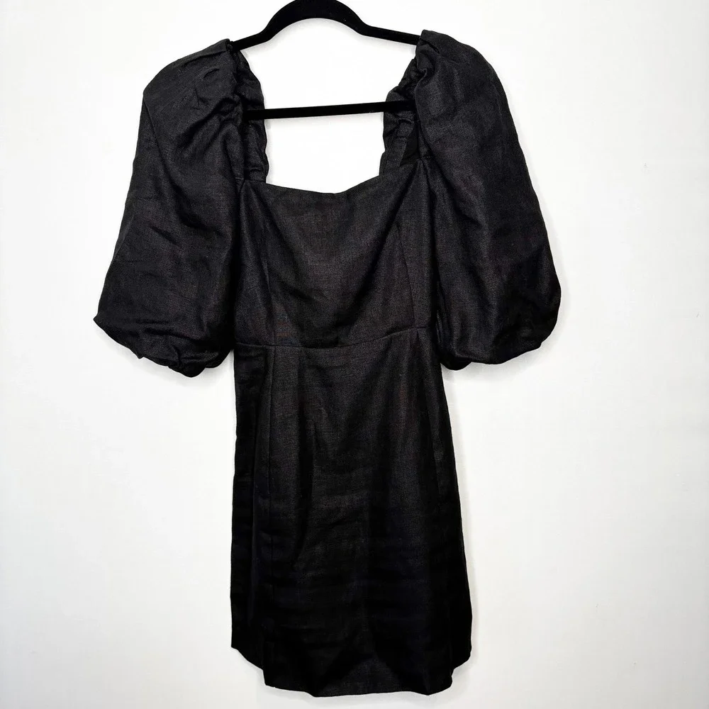 Sezane Editions Armida Dress Size 36/4 Black Linen Puff Sleeve Tie Back Mini - Picture 15 of 15